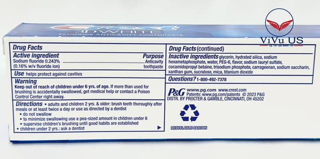 thanh phan kem danh rang Crest 3D White 147g