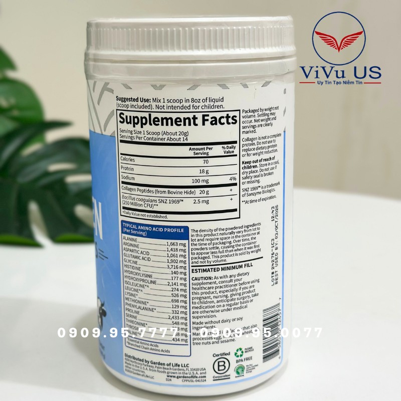 Thành Phần Bột Collagen Peptides Garden Of Life Grass Fed 280g Của Mỹ